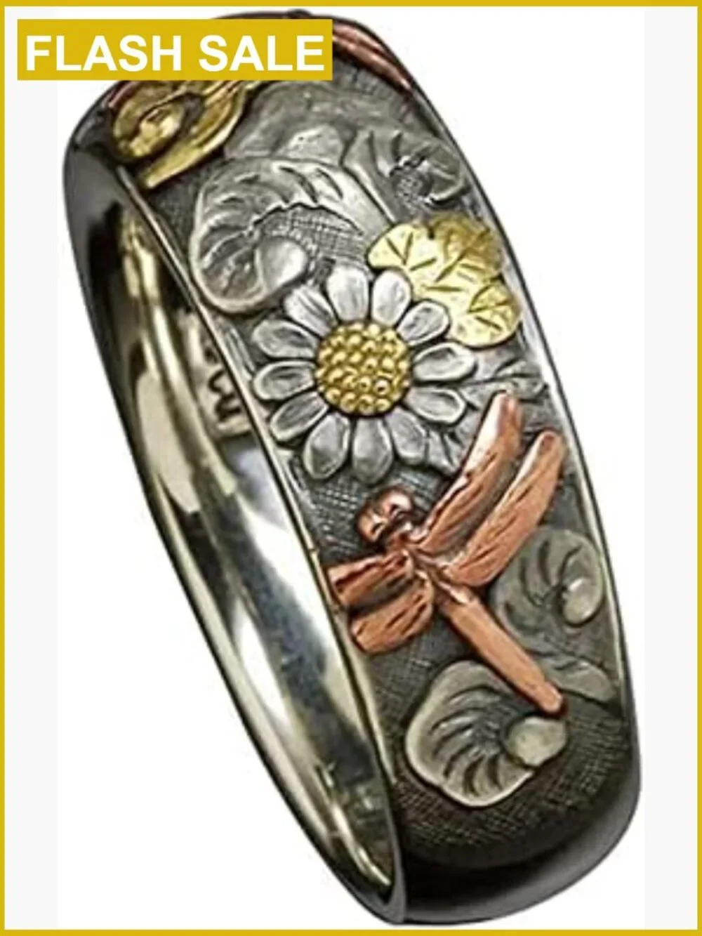 Vintage Carved Dragonfly Sunflower Ring Size 8, Alloy Metal Statement Ring